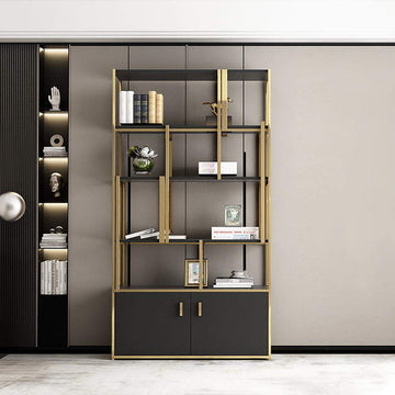 78" Luxury Standing Standard Bookshelf with Doors in Black & Gold-Bookcases & Bookshelves,Furniture,Office Furniture